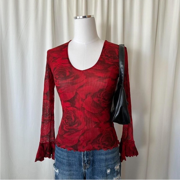 Vintage Y2K Therapy by Cheryl Taylor Red floral mesh top fairy grunge - Picture 5 of 9